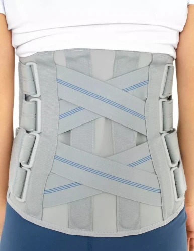Wysoka orteza piersiowo-lędźwiowa na kręgosłup z usztywnieniami i pasami dociągowymi AM-SO-11 szara Reh4Mat