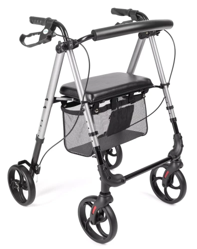 Składana podpórka czterokołowa aluminiowa z koszykiem, hamulcami i siedziskiem, regulowana Alina Timago