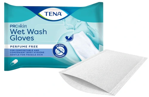 Rękawice, myjki do ciała 15x23 cm, 8 sztuk, bezzapachowe TENA ProSkin Wet Wash Gloves