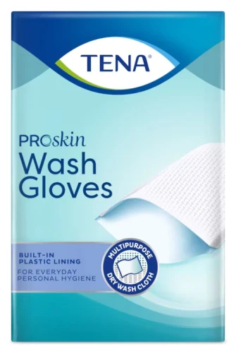 Rękawice, myjki do ciała 16x25 cm, 175 sztuk, bezzapachowe, z nieprzemakalną warstwą foliową TENA ProSkin Wash Gloves