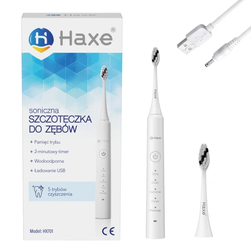 Szczoteczka soniczna elektryczna do zębów dla dzieci i dorosłych, 5 trybów pracy Haxe Nive White