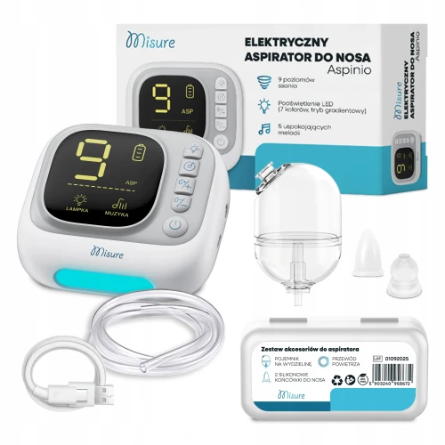 Aspirator elektryczny do nosa dla niemowląt, cichy, 9 poziomów ssania, z melodiami, USB-C Misure
