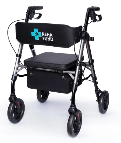 Chodzik czterokołowy, podpórka aluminiowa z siedziskiem, oparciem i hamulcami Marsylia Reha Fund