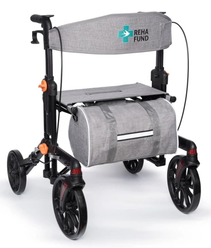 Chodzik czterokołowy, podpórka aluminiowa z siedziskiem, oparciem i hamulcami Berlin Reha Fund
