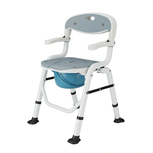 Krzesło toaletowo-prysznicowe składane, z pojemnikiem sanitarnym i uchylnymi podłokietnikami, do 136kg Timago