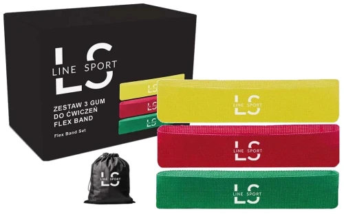 Zestaw 3 gum materiałowych, oporowych do ćwiczeń i rehabilitacji taśmy o różnym stopniu oporu (2,5 kg - 10 kg) Line Sport