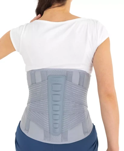 Wysoka orteza piersiowo-lędźwiowo-krzyżowa na kręgosłup ze stalkami i fiszbinami AM-WSP-01 szara Reh4Mat